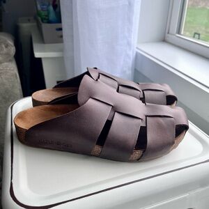 HAFLINGER Brown Leather Woven Slide Sandals